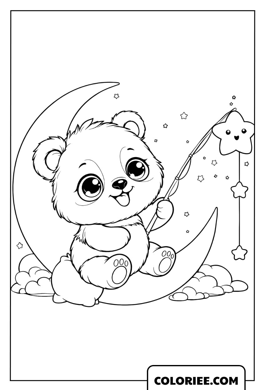 Coloriage d'un petit panda assis sur un croissant de lune