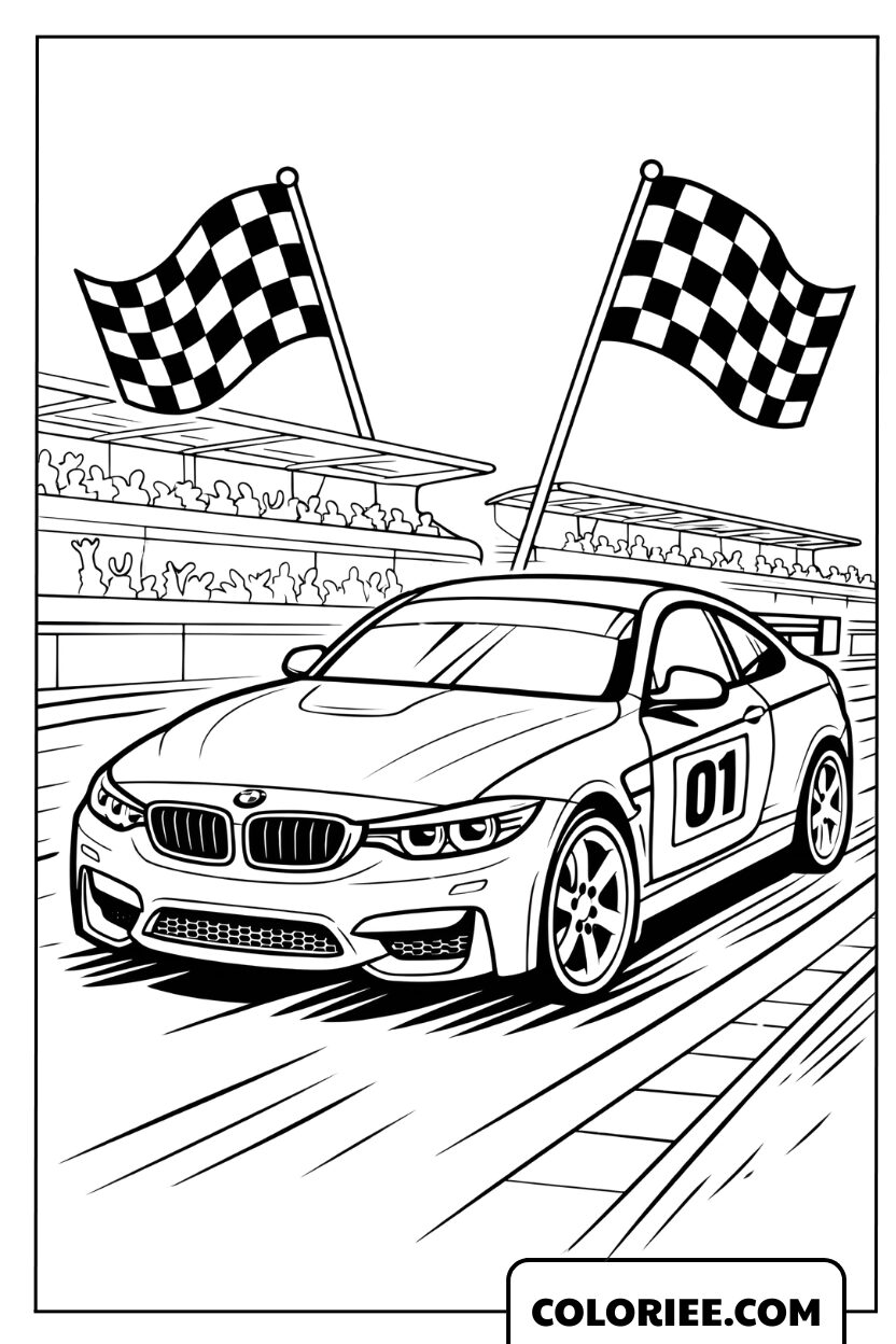 Coloriage d'une BMW de course franchissant la ligne d'arrivée