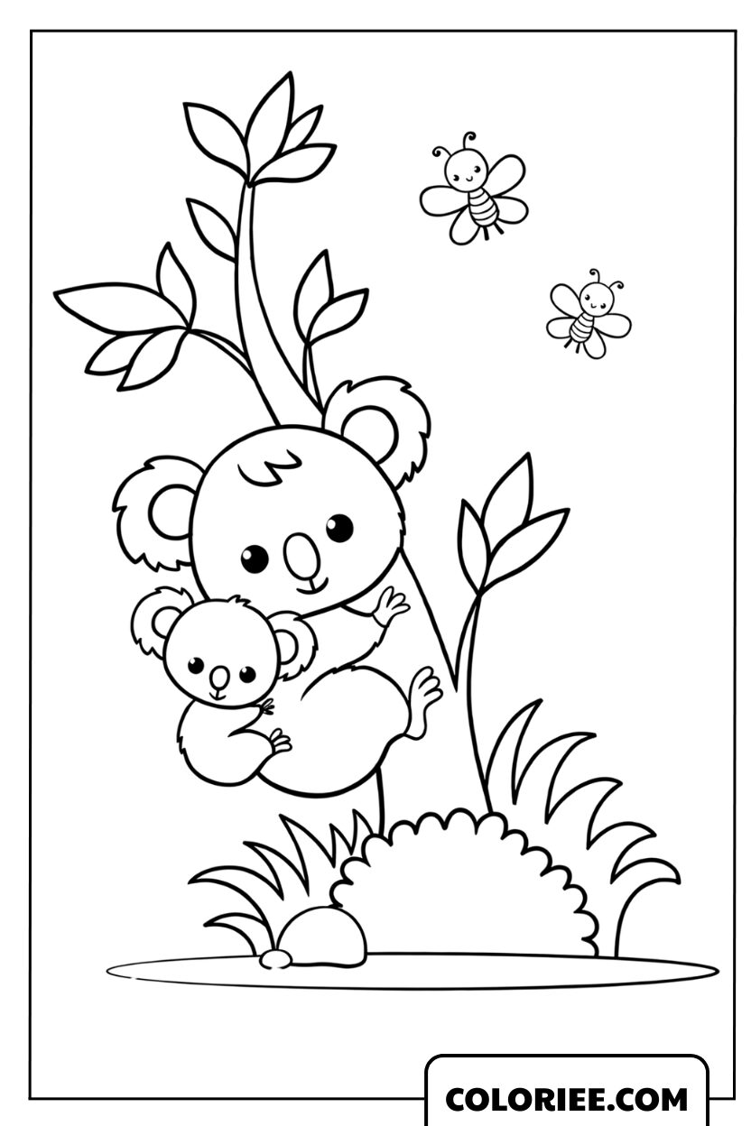 Coloriage d'une maman koala et son bébé grimpant avec des abeilles