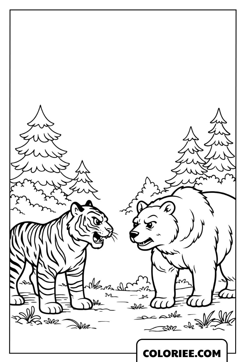 Coloriage d'une rencontre entre un tigre et un ours dans la forêt