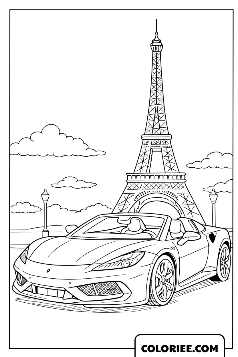 Coloriage d'une voiture de sport décapotable de luxe à Paris