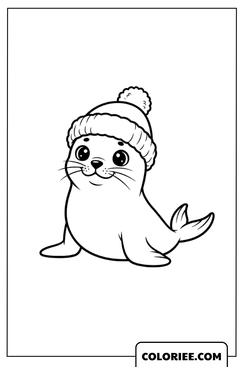 Coloriage phoque avec bonnet d’hiver