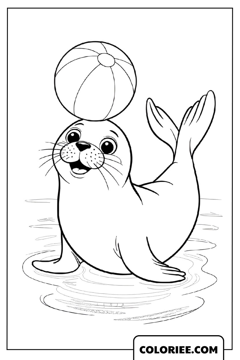 Coloriage phoque jouant avec un ballon