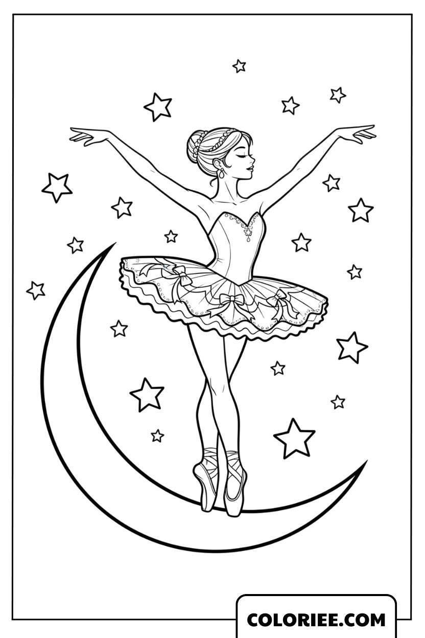 Dessin Danseuse de Ballet sous la Lune et les Étoiles