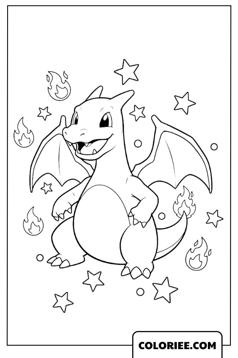 Dessin Dracaufeu et les étoiles de feu magiques