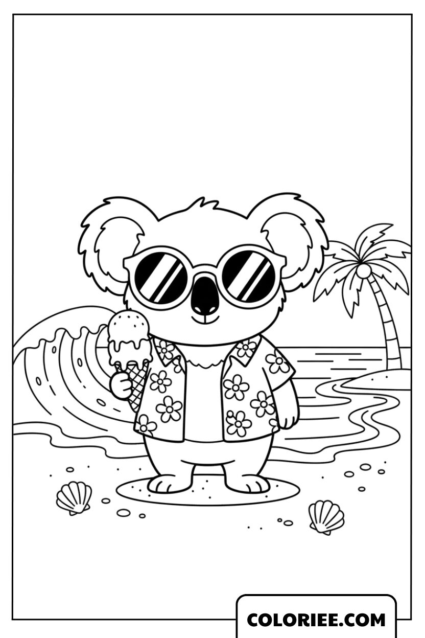 Dessin Koala à la Plage avec une Glace