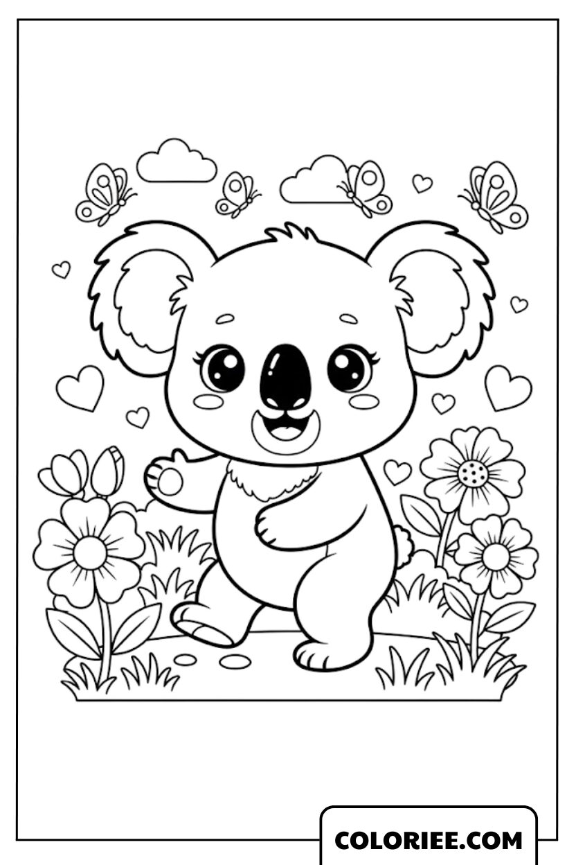 Dessin Koala au Milieu d’un Jardin Fleuri