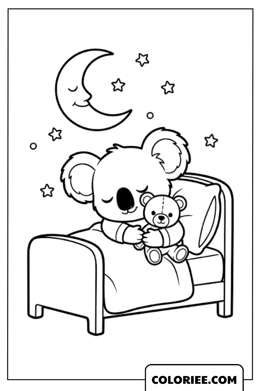 Dessin Koala en Câlin avec son Doudou sous la Lune
