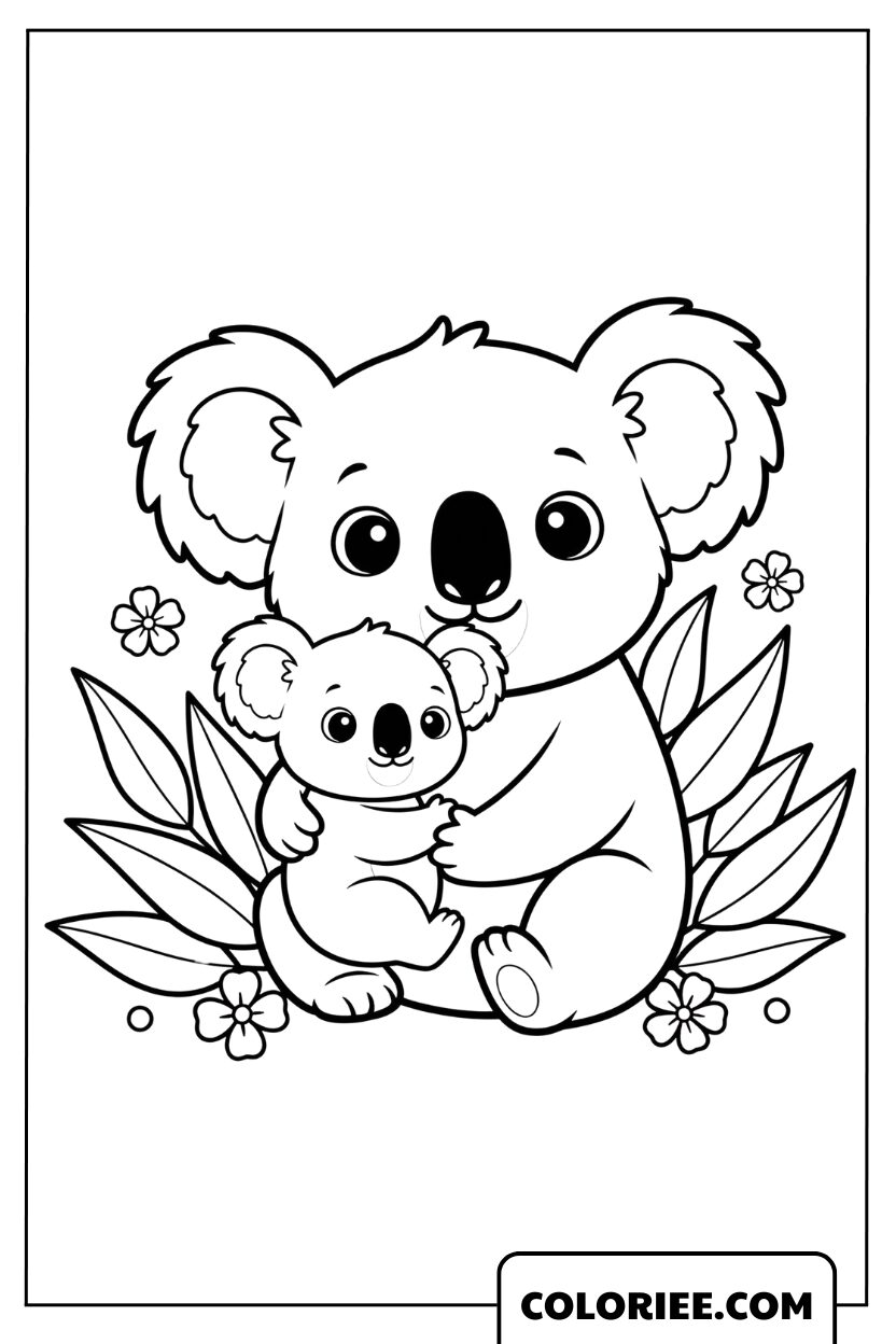 Dessin Maman Koala et son Bébé dans la Nature