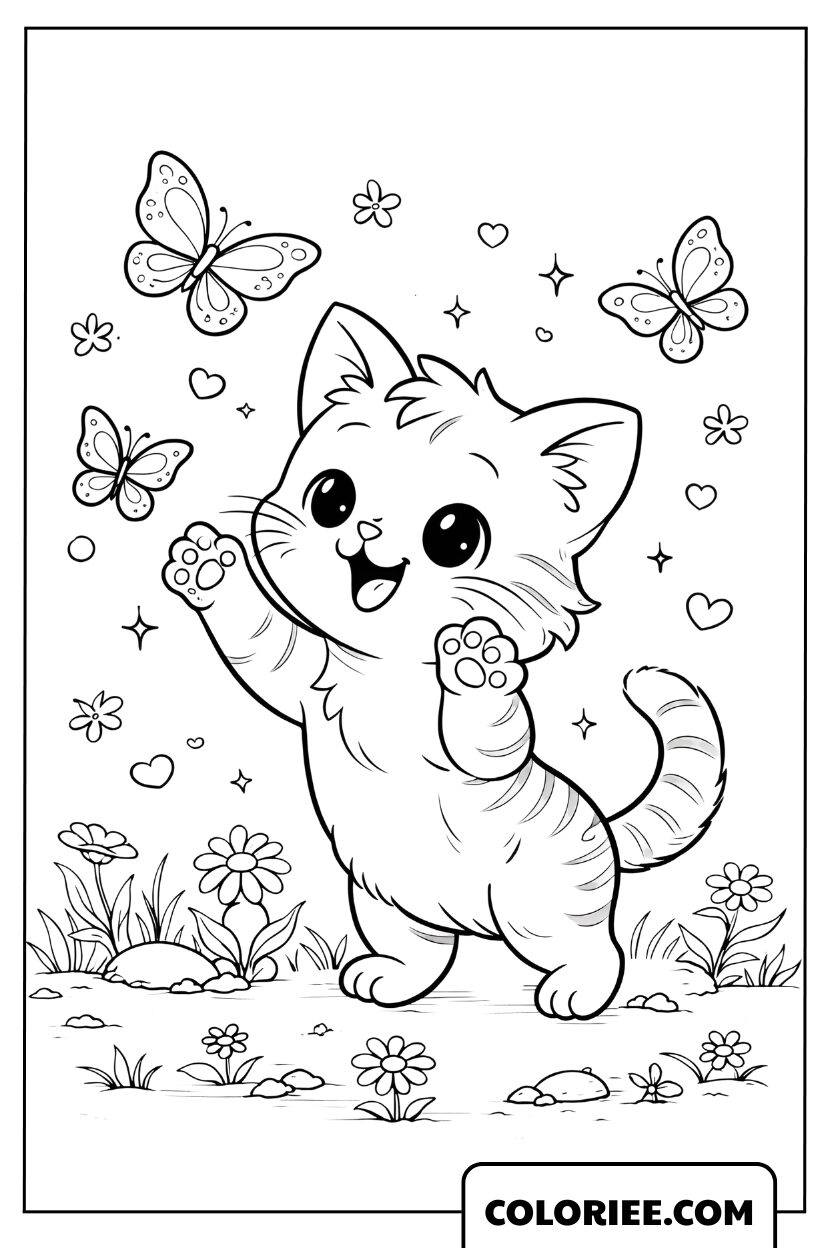 Dessin Petit Chat et Papillons
