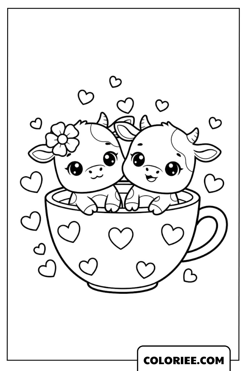 Dessin Petits Veaux Mignons dans une Tasse Cœur