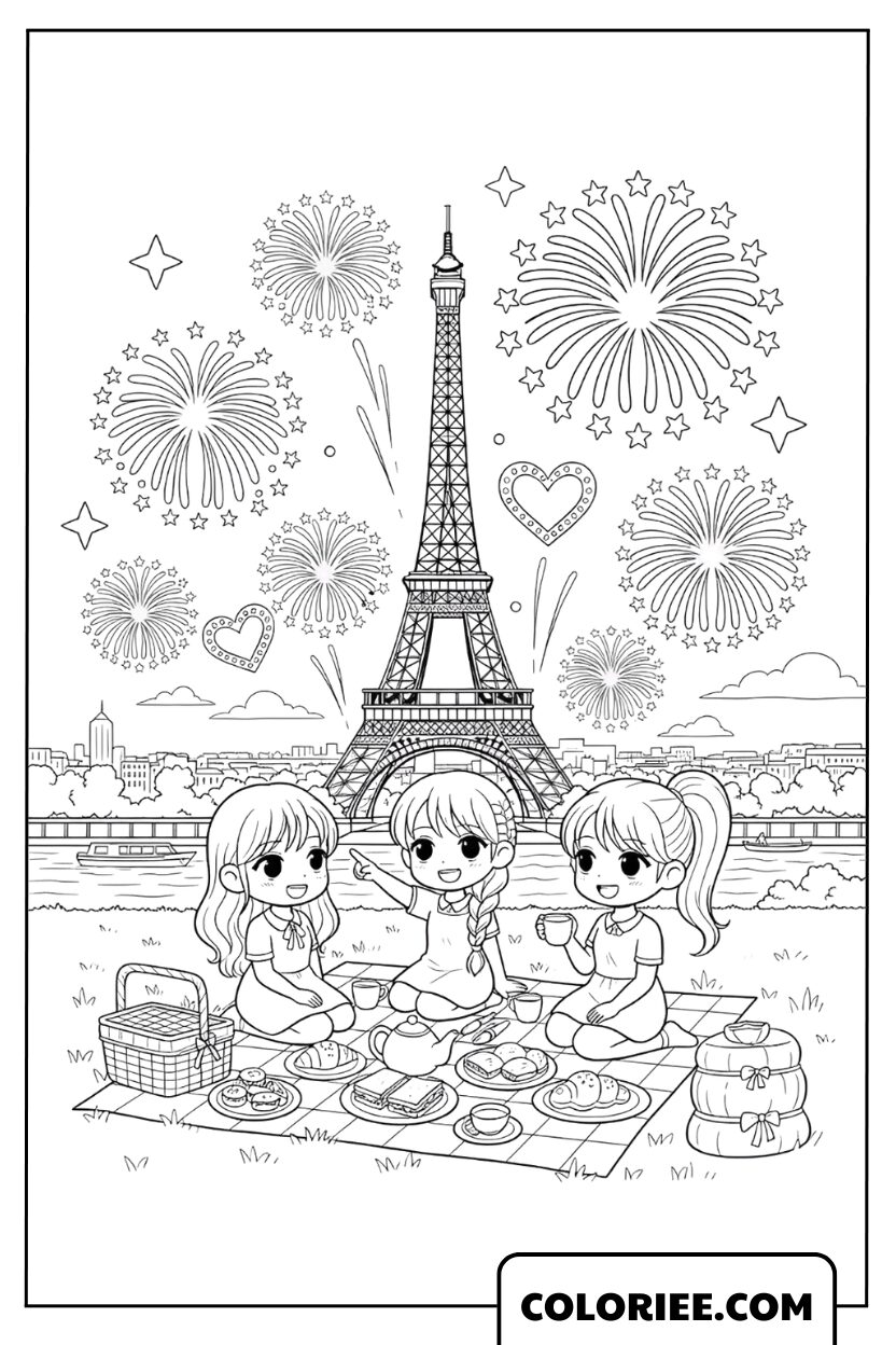 Dessin Pique-nique entre Amies sous la Tour Eiffel