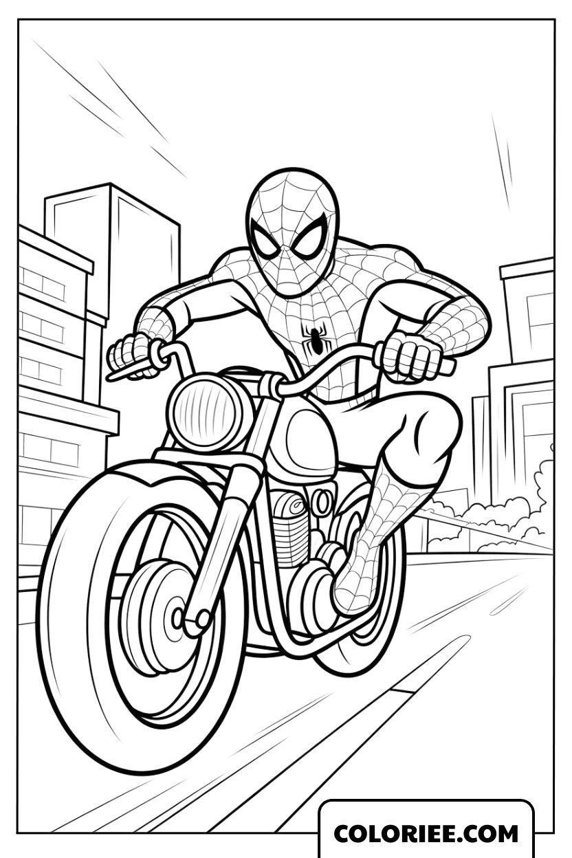 Dessin Spider-Man à Moto en Ville