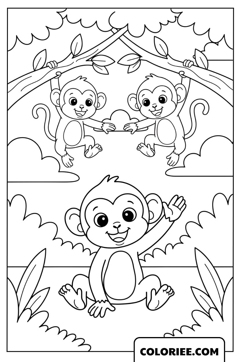 Dessin Trois Petits Singes qui Jouent sur les Branches