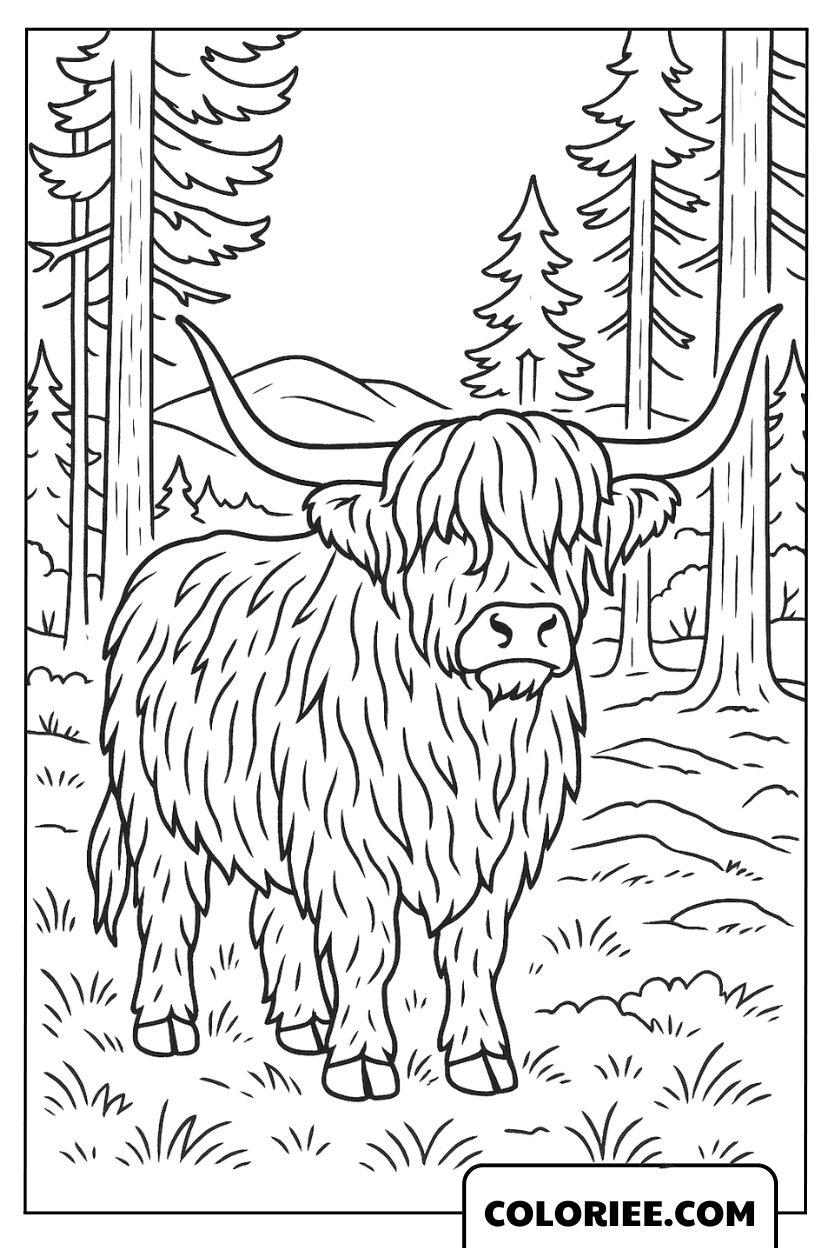 Dessin Vache Highland Majestueuse dans la Forêt