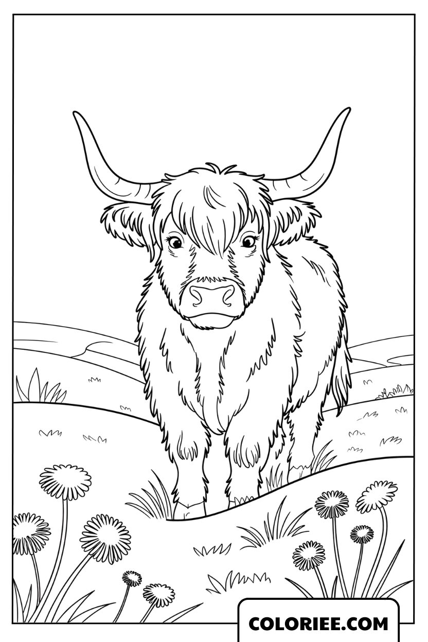 Dessin Vache Highland Majestueuse dans les Prairies