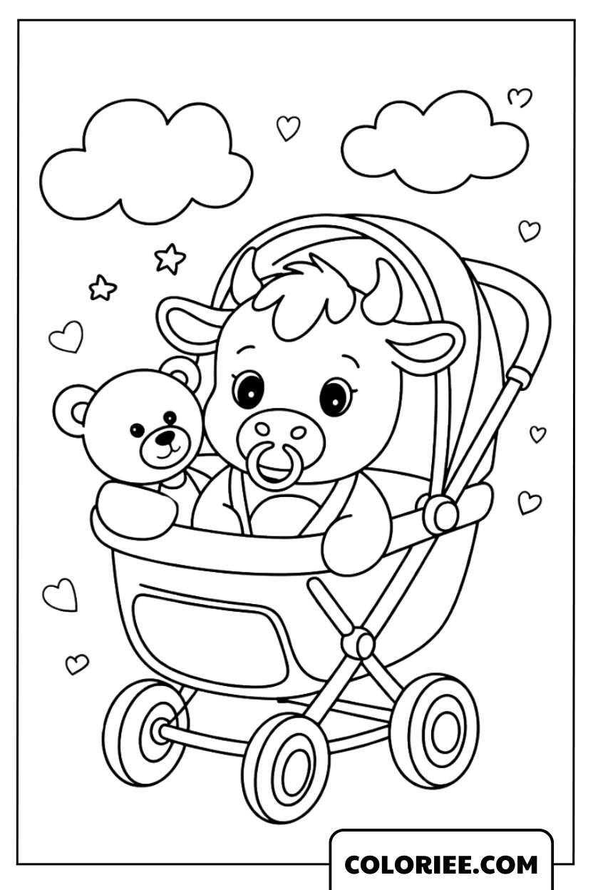 Dessin Veau en Promenade avec son Ourson Mignon