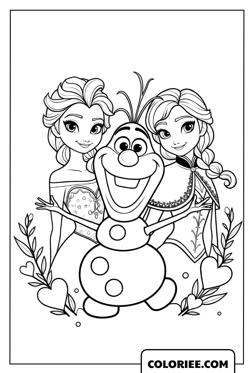 Dessin d'Elsa, Anna et Olaf joyeux ensemble