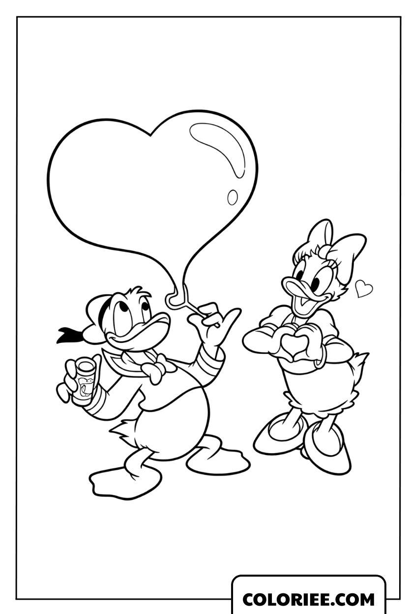 Dessin de Donald Duck soufflant une bulle en forme de cœur pour Daisy à colorier