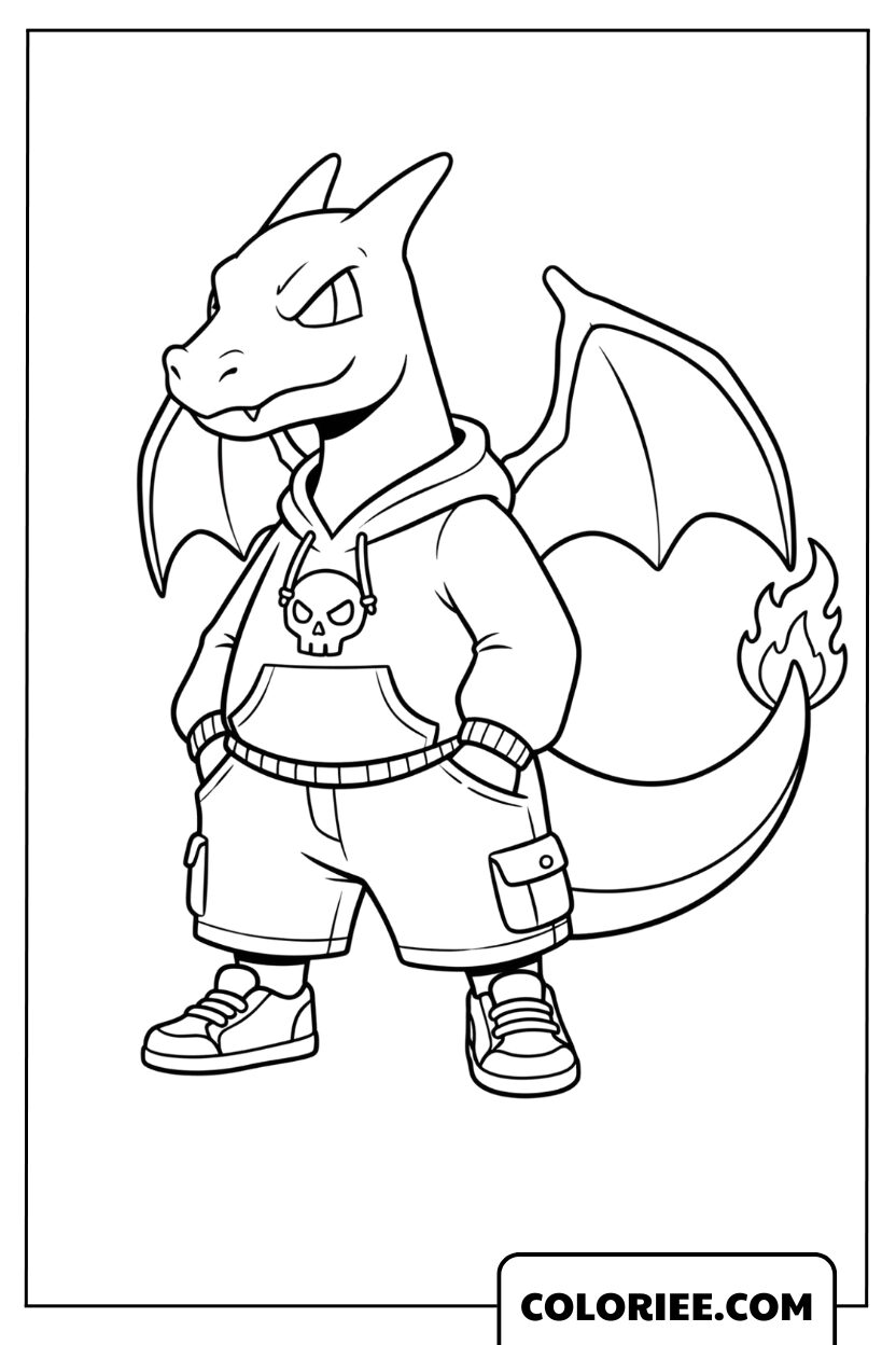 Dessin de Dracaufeu en version streetwear dynamique