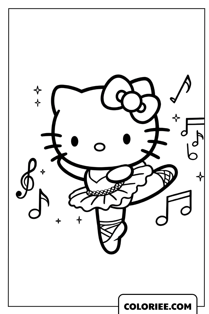 Dessin de Hello Kitty faisant de la danse classique parmi les notes de musique