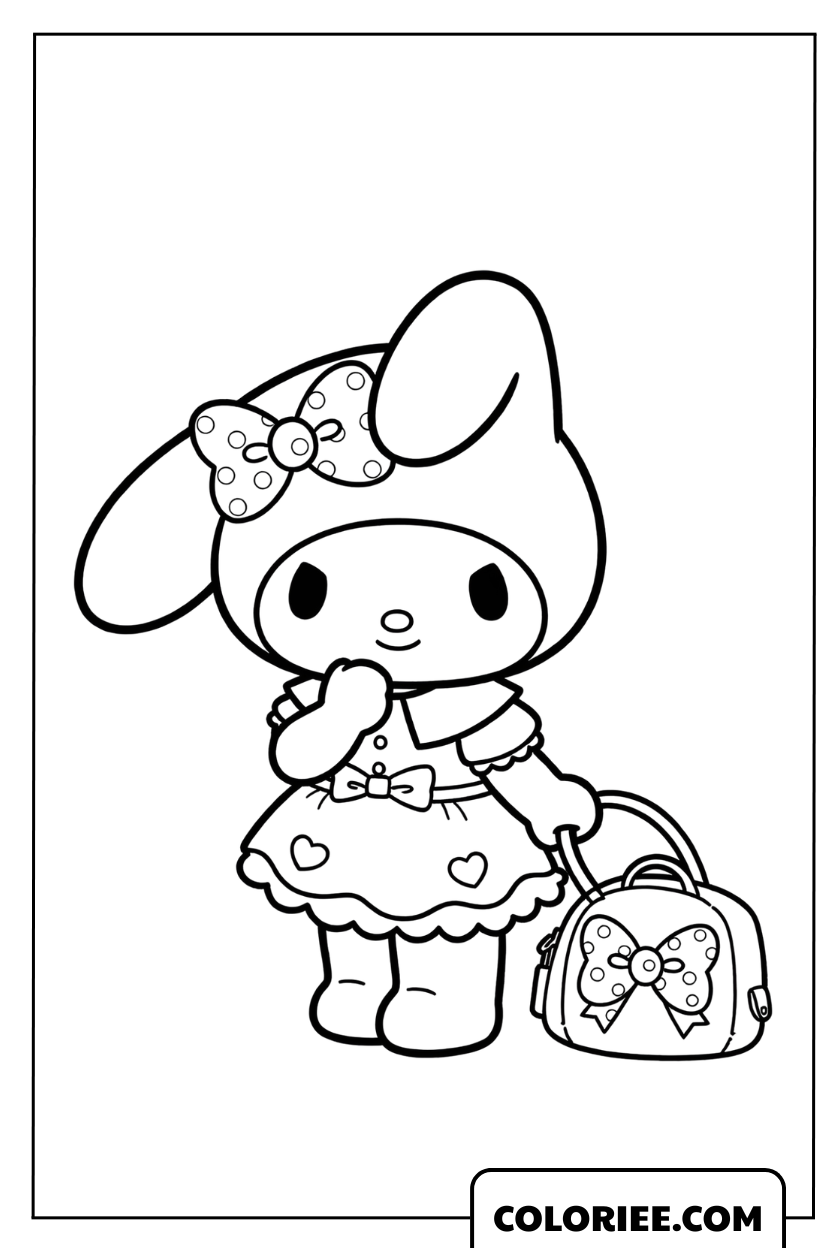 Dessin de My Melody en robe avec un sac à main élégant