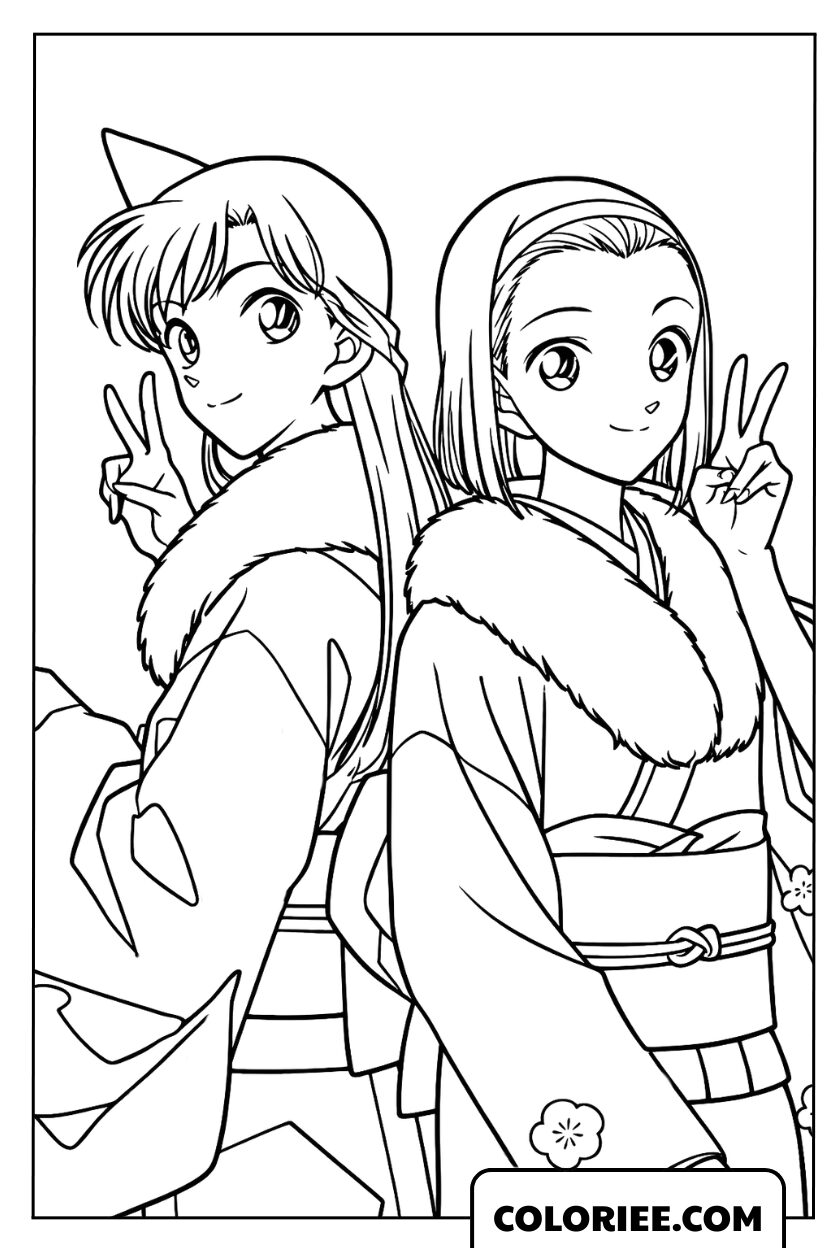 Dessin de Ran Mori et Sonoko Suzuki en élégants Kimonos à colorier