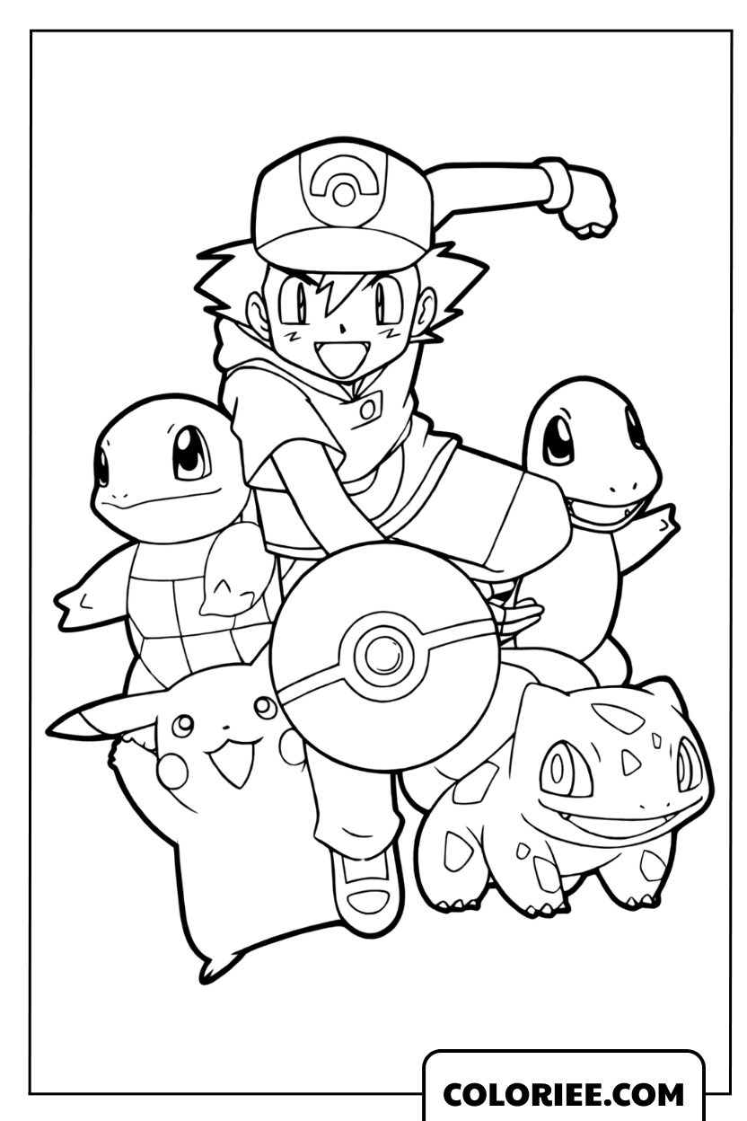 Dessin de Sacha Ketchum et ses fidèles Pokémon