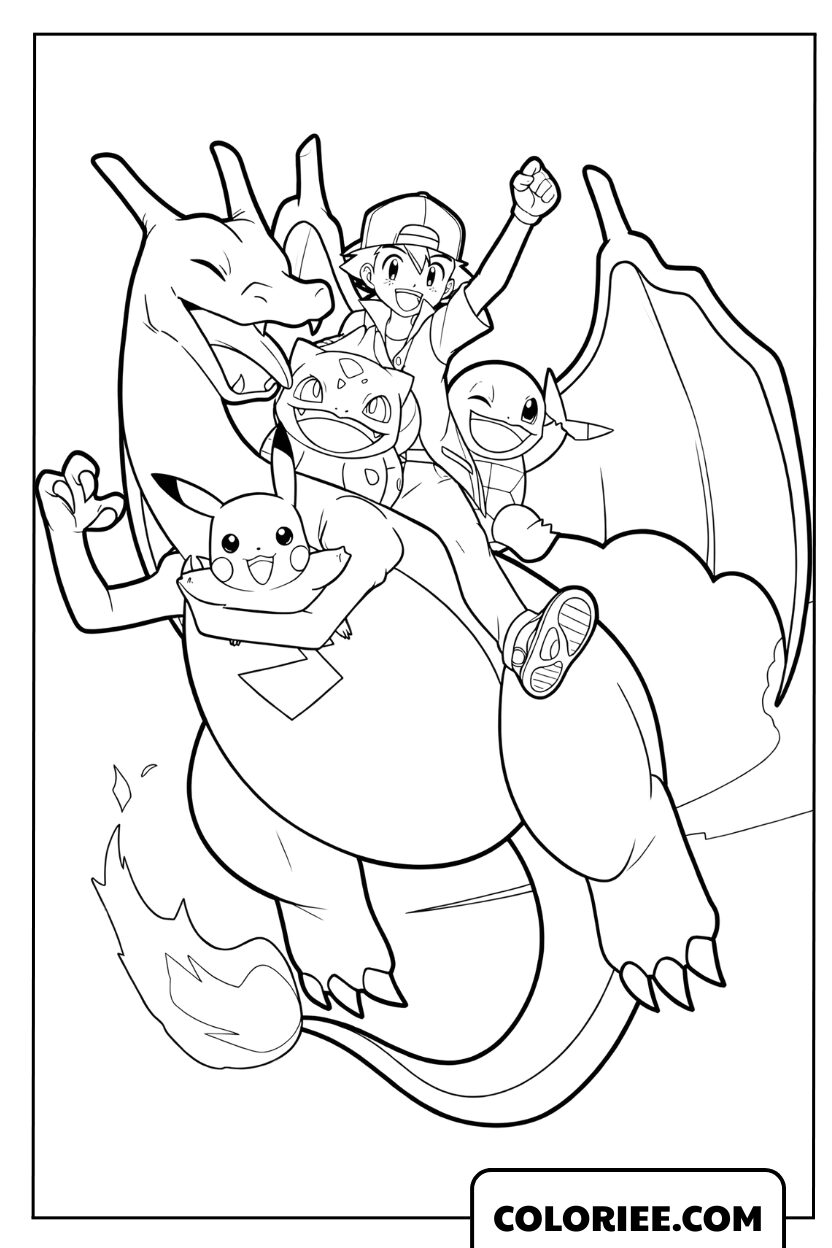 Dessin de Sacha et ses Pokémon sur le dos de Dracaufeu à colorier