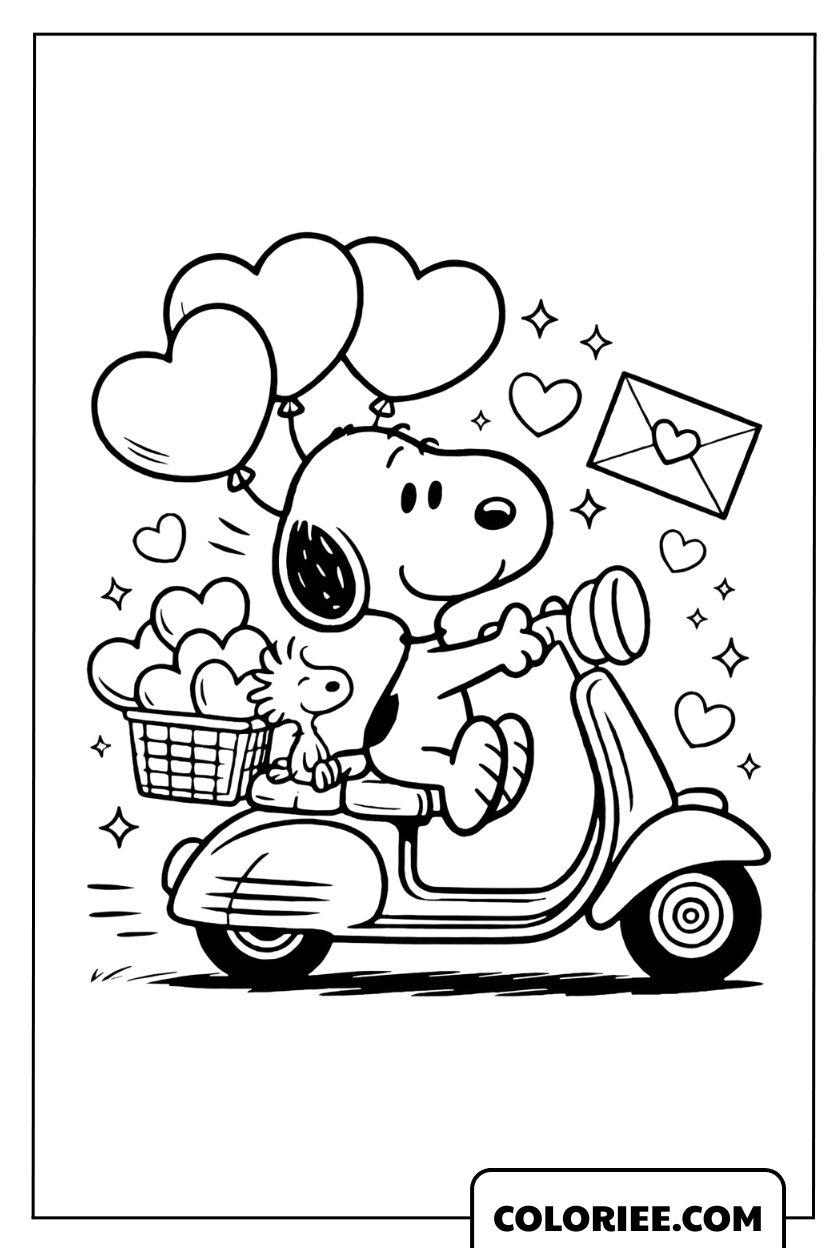Dessin de Snoopy conduisant un scooter avec un panier de cœurs à colorier