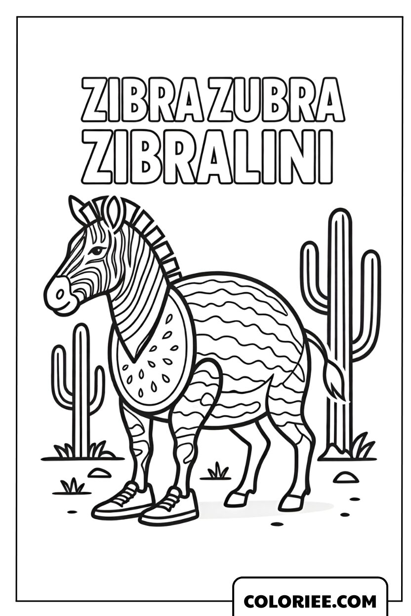 Dessin de Zibrazubra, le zèbre pastèque en baskets à colorier