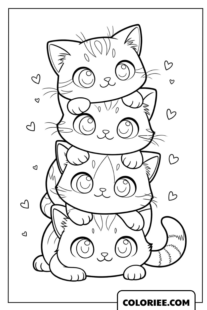 Dessin de quatre adorables chatons empilés en tour
