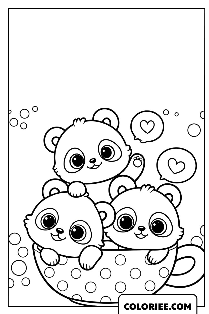 Dessin de trois petits pandas mignons dans une tasse de thé