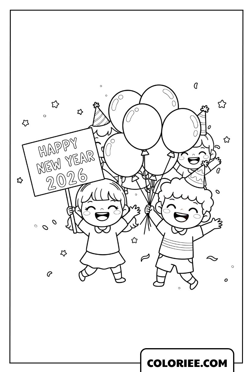 Dessin d'enfants joyeux avec des ballons pour fêter le Nouvel An 2026