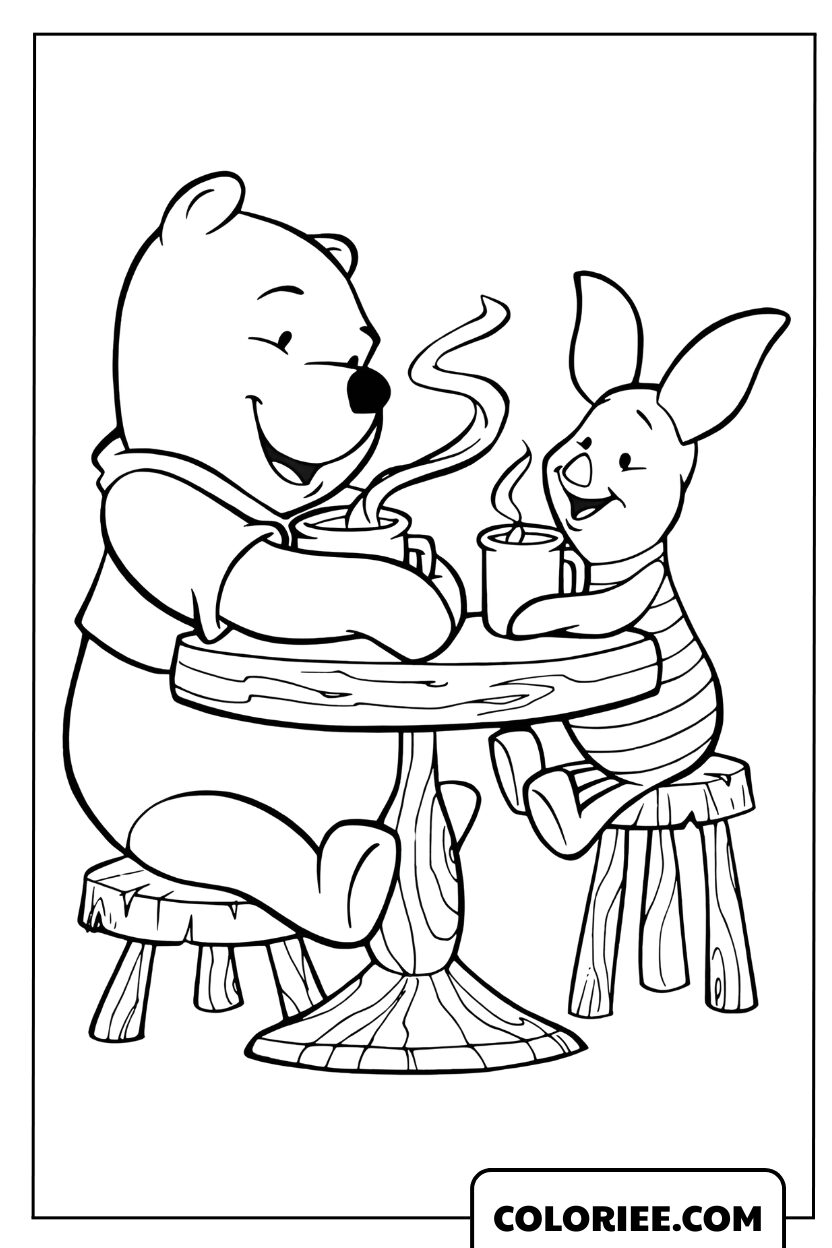 Dessin des meilleurs amis Winnie l'Ourson et Porcinet buvant du thé autour d'une table en bois