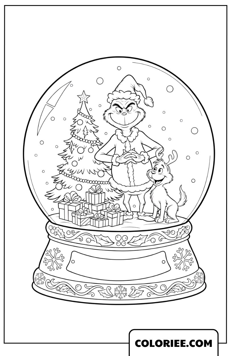 Dessin du Grinch dans une boule à neige