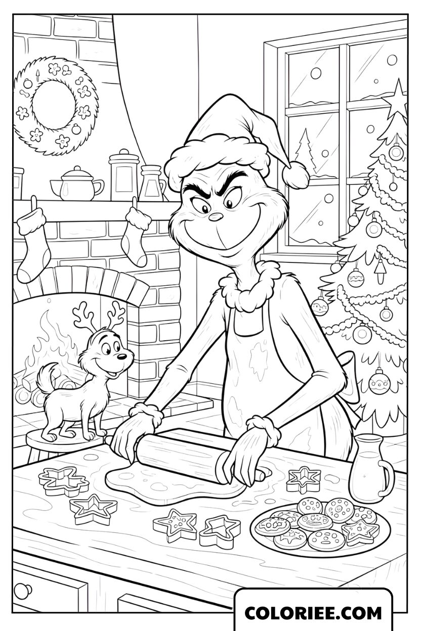 Dessin du Grinch en train de préparer des biscuits de Noël