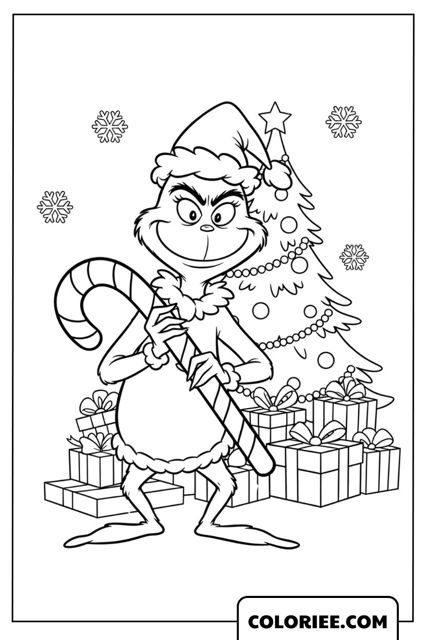 Dessin du Grinch et son sucre d'orge géant