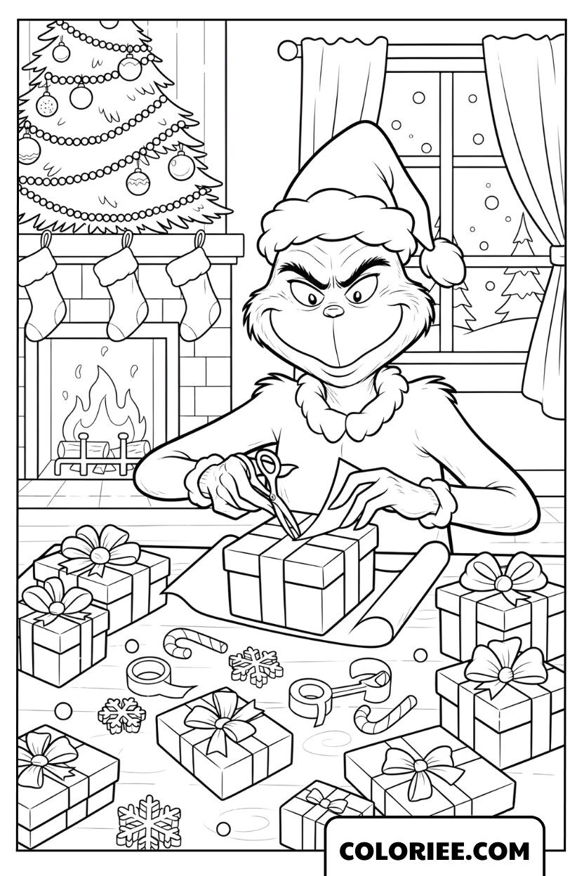 Dessin du Grinch préparant soigneusement les cadeaux de Noël