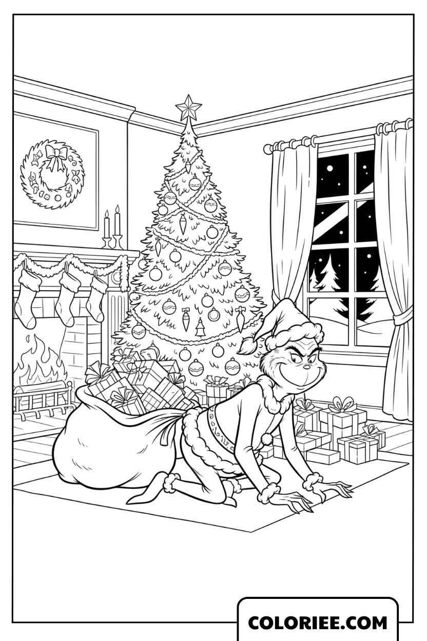 Dessin du Grinch se faufilant dans un salon rempli de cadeaux de Noël