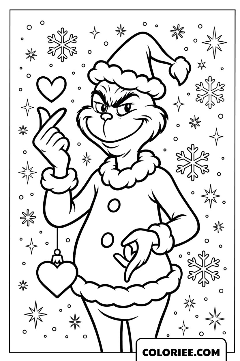 Dessin du Grinch stylé faisant un signe de cœur sous la neige