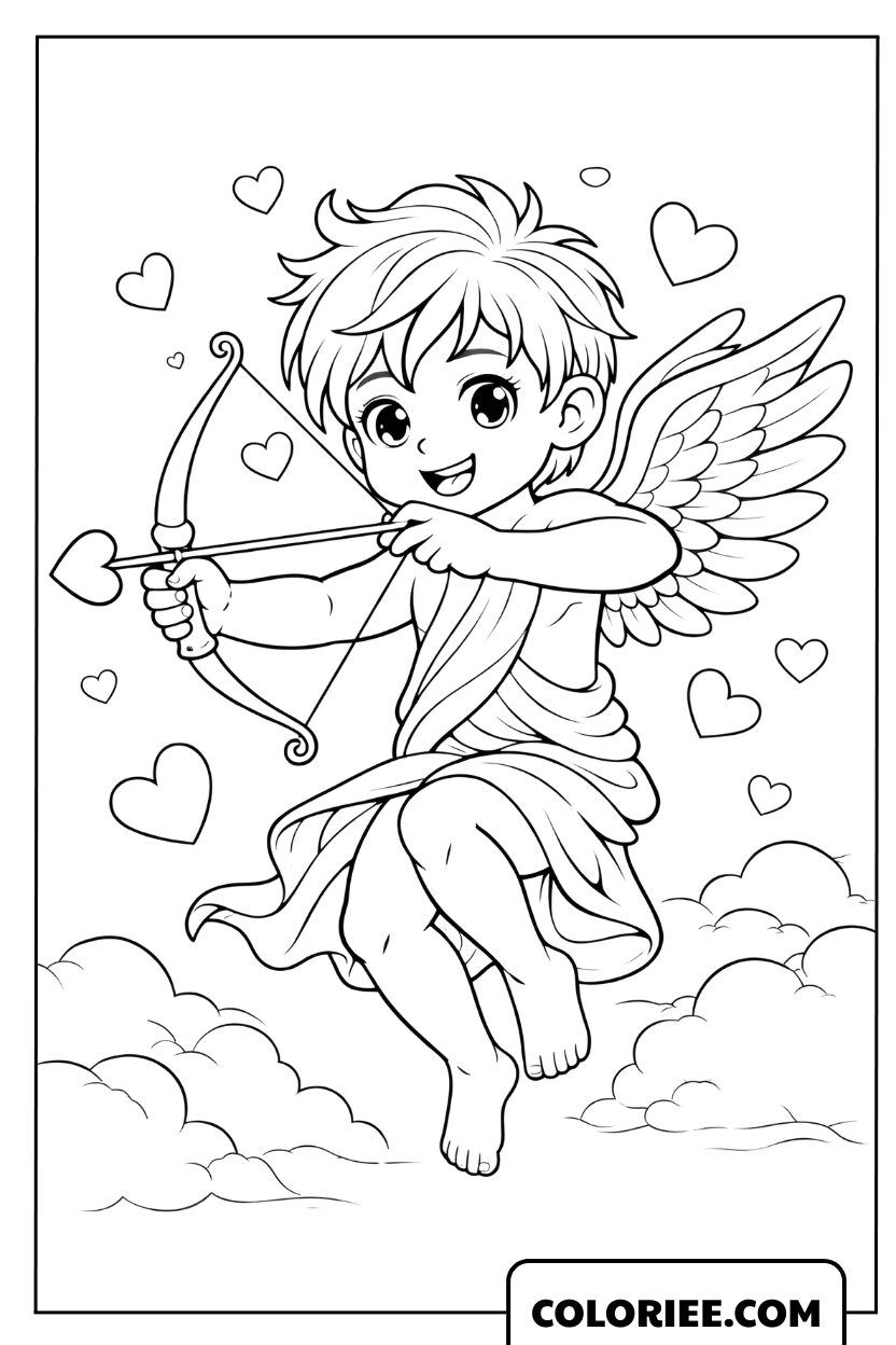 Dessin du petit Cupidon avec son arc volant parmi les cœurs