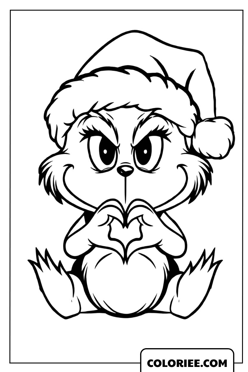 Dessin du petit Grinch avec un bonnet de Noël faisant un cœur avec ses mains