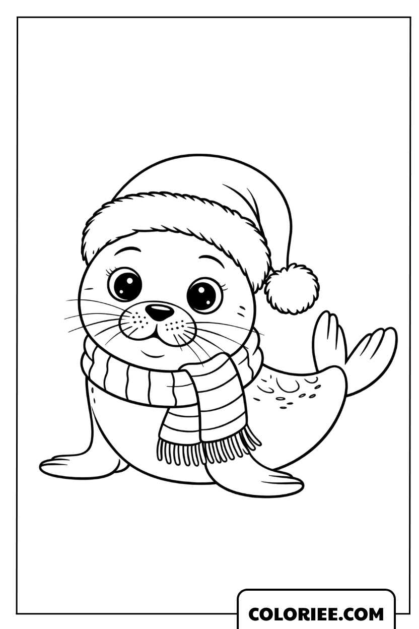 Dessin d'un adorable petit phoque avec un bonnet de Noël et une écharpe