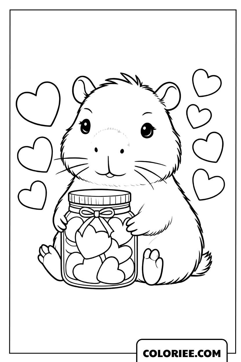 Dessin d'un capybara tenant un bocal de cœurs à colorier