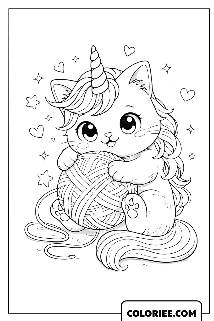 Dessin d'un chat licorne mignon tenant une pelote de laine