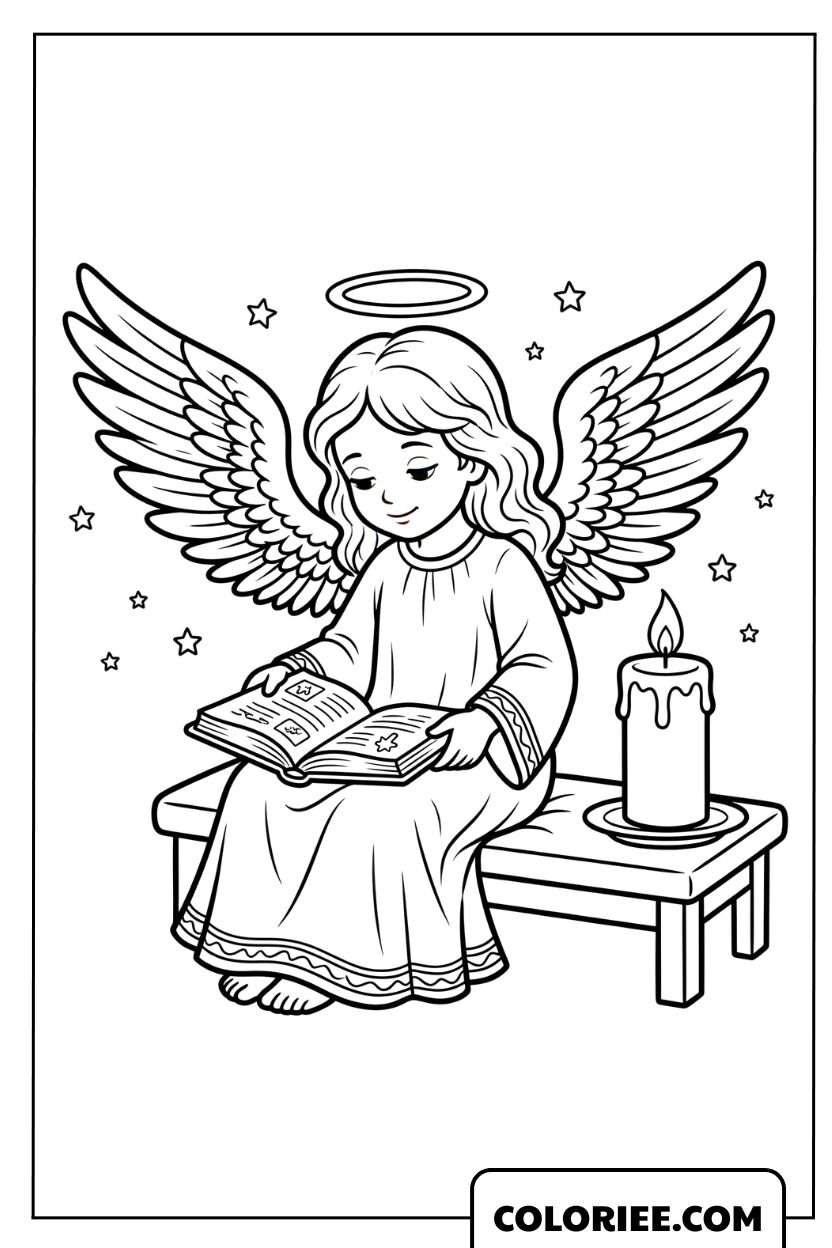 Dessin d'un petit ange lisant un livre à côté d'une bougie scintillante