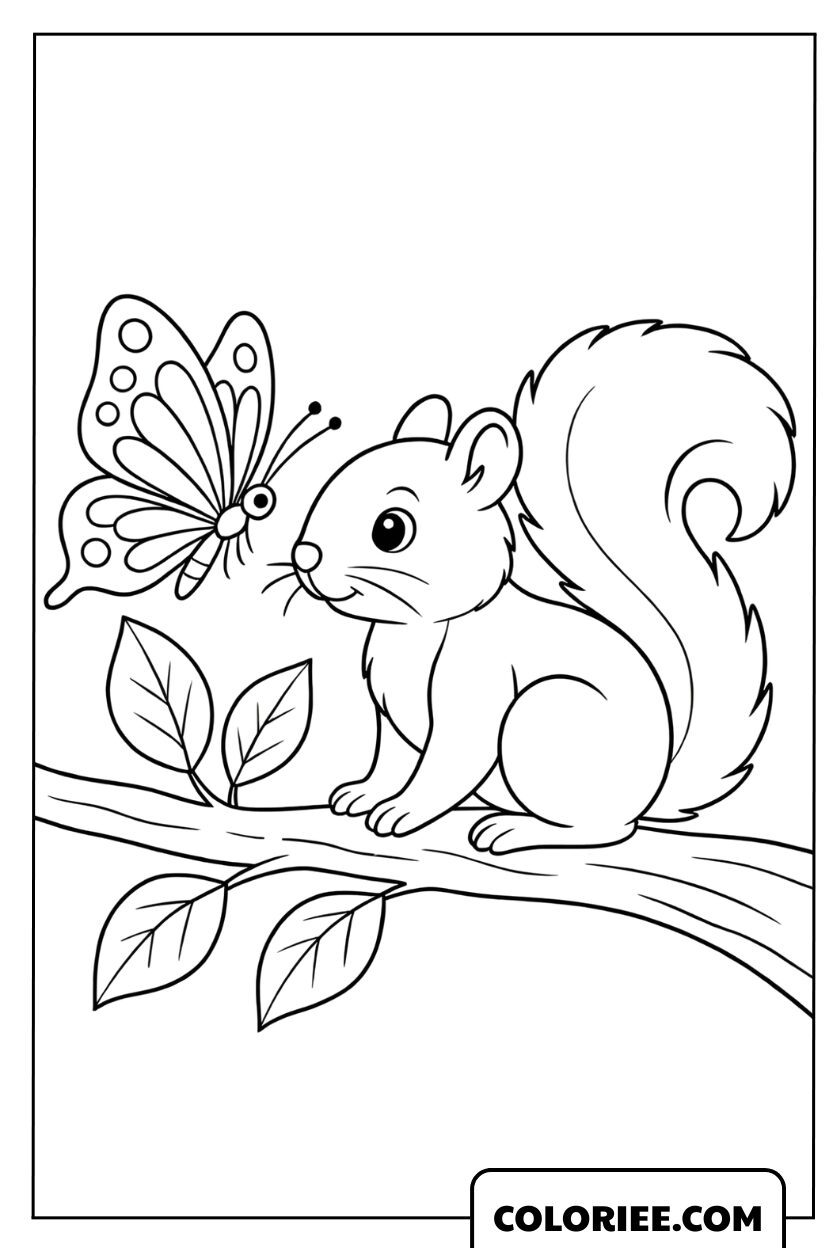 Dessin d'un petit écureuil mignon regardant un papillon sur une branche