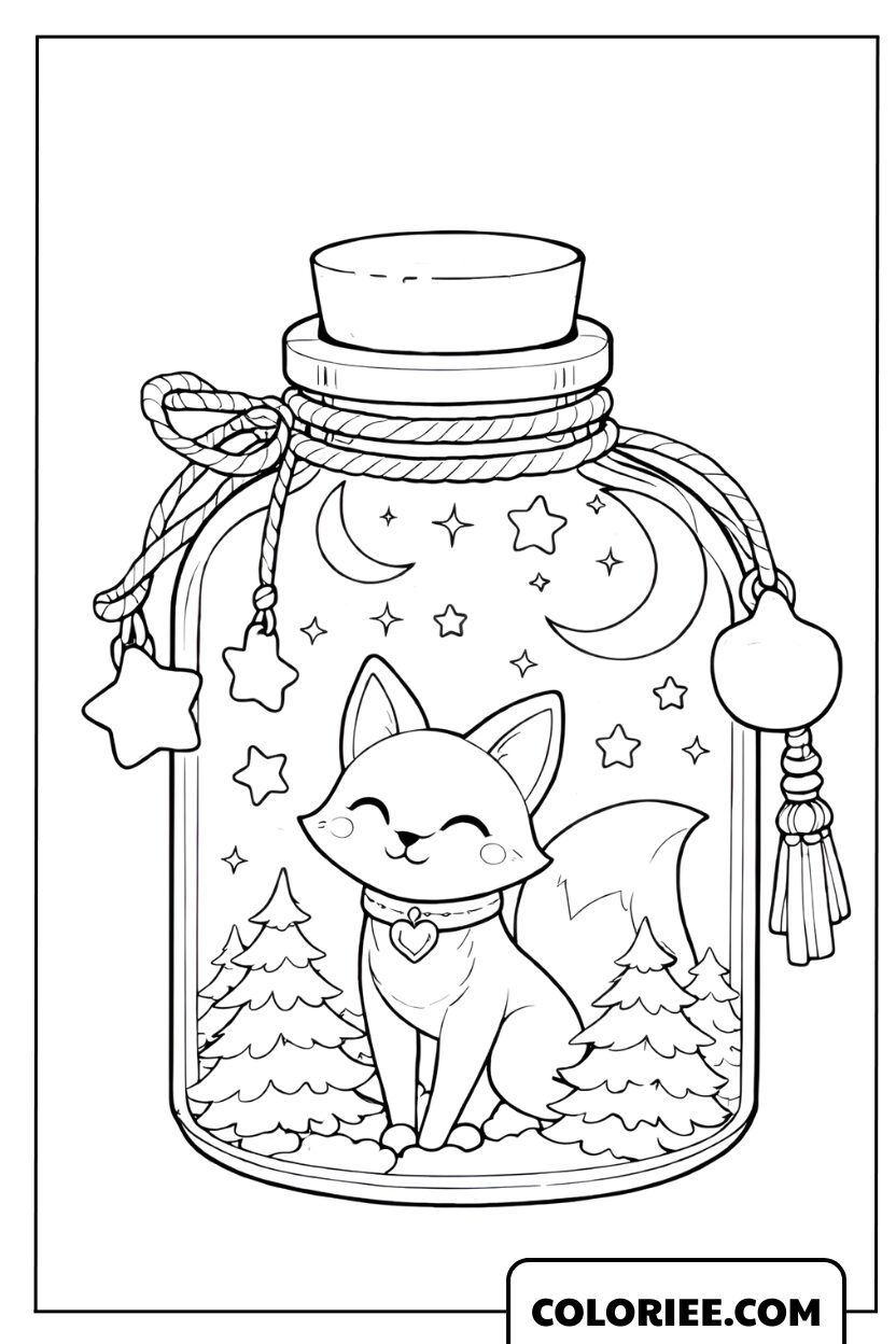 Dessin d'un petit renard dans un bocal en verre sous un ciel étoilé