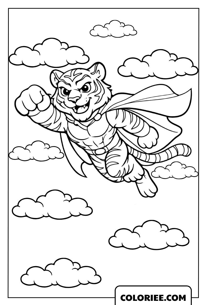Dessin d'un tigre super-héros héroïque volant dans le ciel